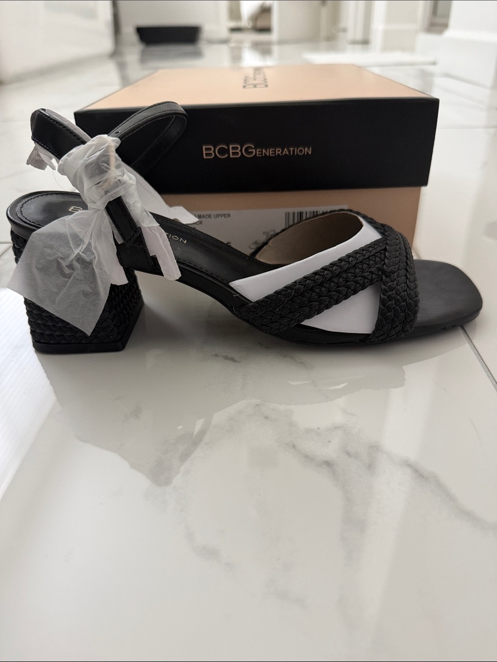 BCBG Black Braided Block Heel Sandals with Ankle Strap NWT